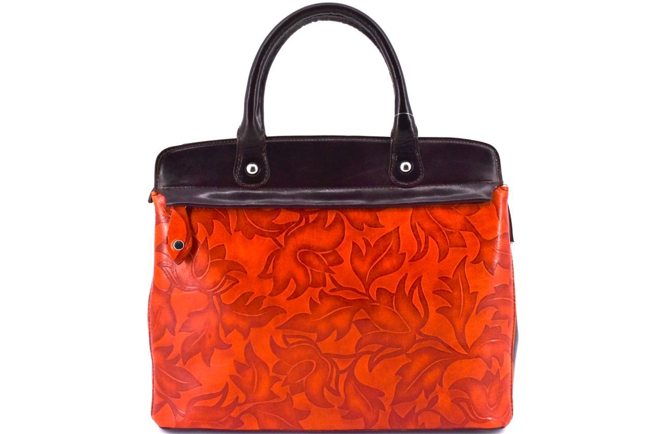 Dámská kožená kabelka s květovaným vzorem Arteddy - oranžová/tmavě hnědá 33859