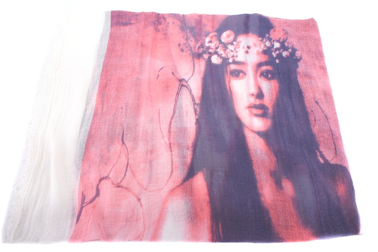 Moderní dámský šátek s potiskem - krémová/růžová