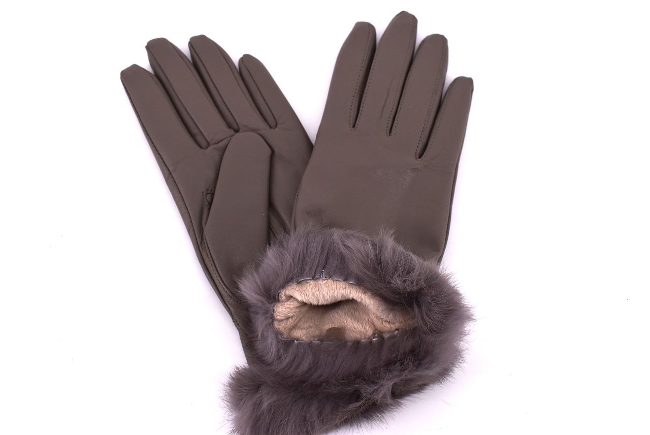 Dámské kožené rukavice Coveri Collection ozdobené kožešinou - tmavě hnědá (XL)