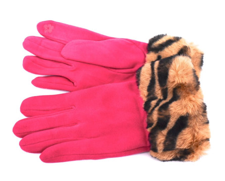 Elegantní zateplené dámské rukavice ozdobené kožešinou - fuxia