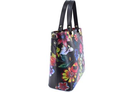 Moderní kožená kabelka s květovaným vzorem Shopper - černá