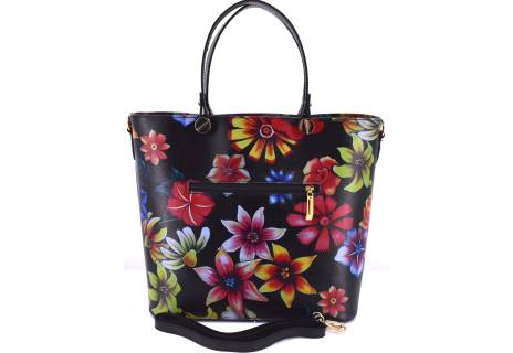 Moderní kožená kabelka s květovaným vzorem Shopper - černá