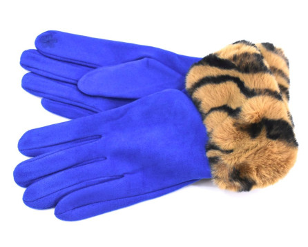 Elegantní zateplené dámské rukavice ozdobené kožešinou - modrá