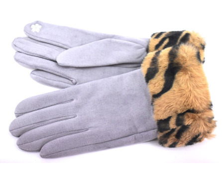 Elegantní zateplené dámské rukavice ozdobené kožešinou - šedá